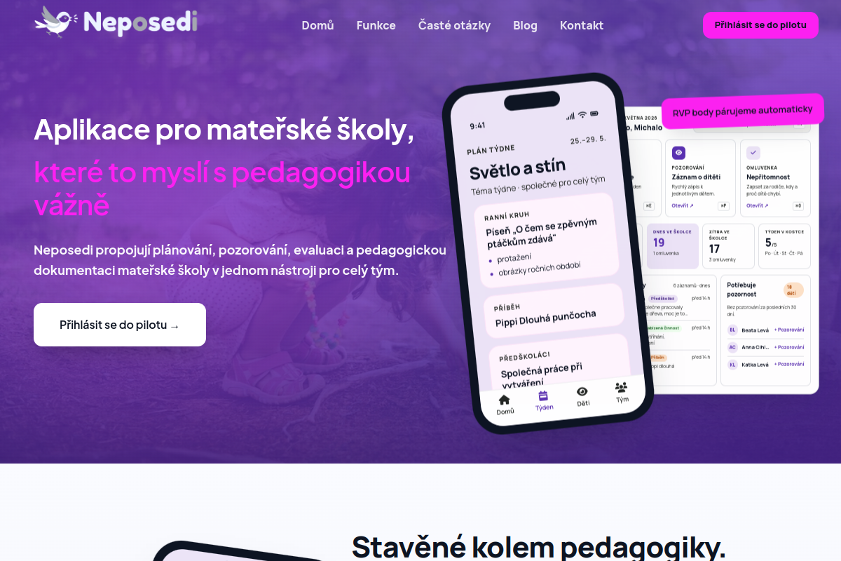 Ukázka webu a mobilní aplikace Neposedi
